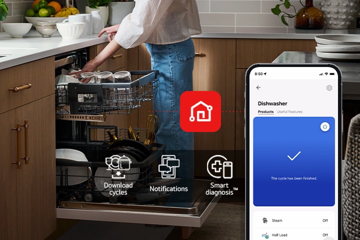 A smartphone displays LG ThinQ™ in a kitchen along with 3 app features: Download Cycles, Notifications, and Smart Diagnosis™ 